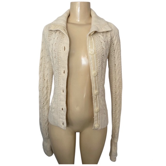 Ruehl 925 Y2K Cream Wool Cashmere Blend Button Up Cable Knit Sweater Size Medium - Picture 8 of 10